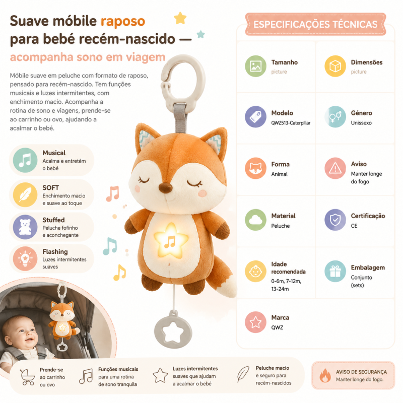 móbile suave de raposo para bebé com música e luzes para sono e viagens