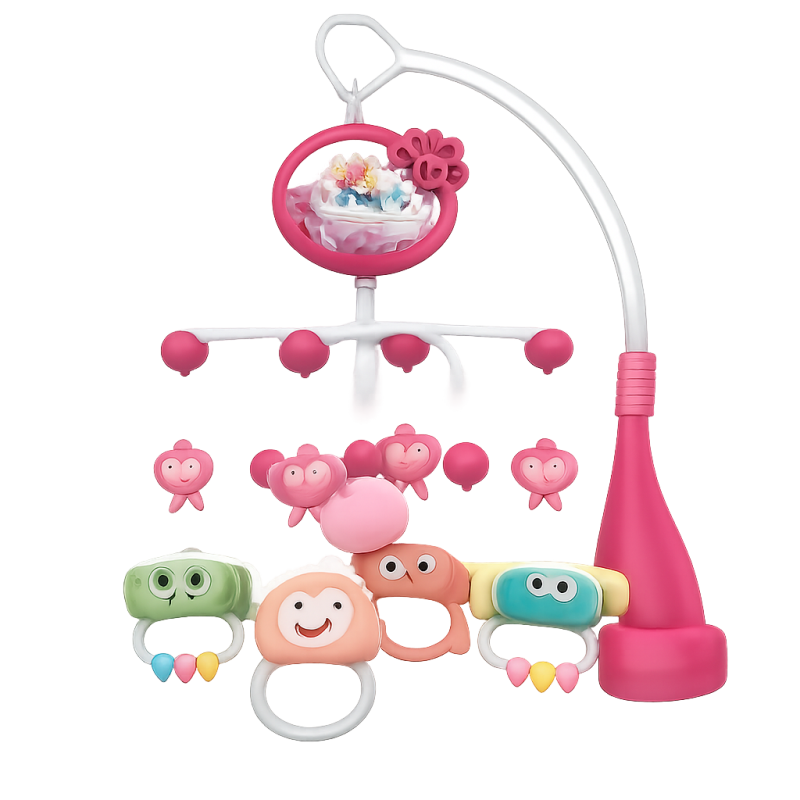 móbile de berço rosa com projeção de luz estrelada e música calmante para bebé