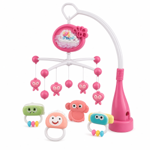 móbile de berço rosa com luz estrelada e música relaxante para bebé