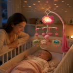 Mobile de berço rosa com projeção de estrelas e músicas calmantes no quarto do bebé