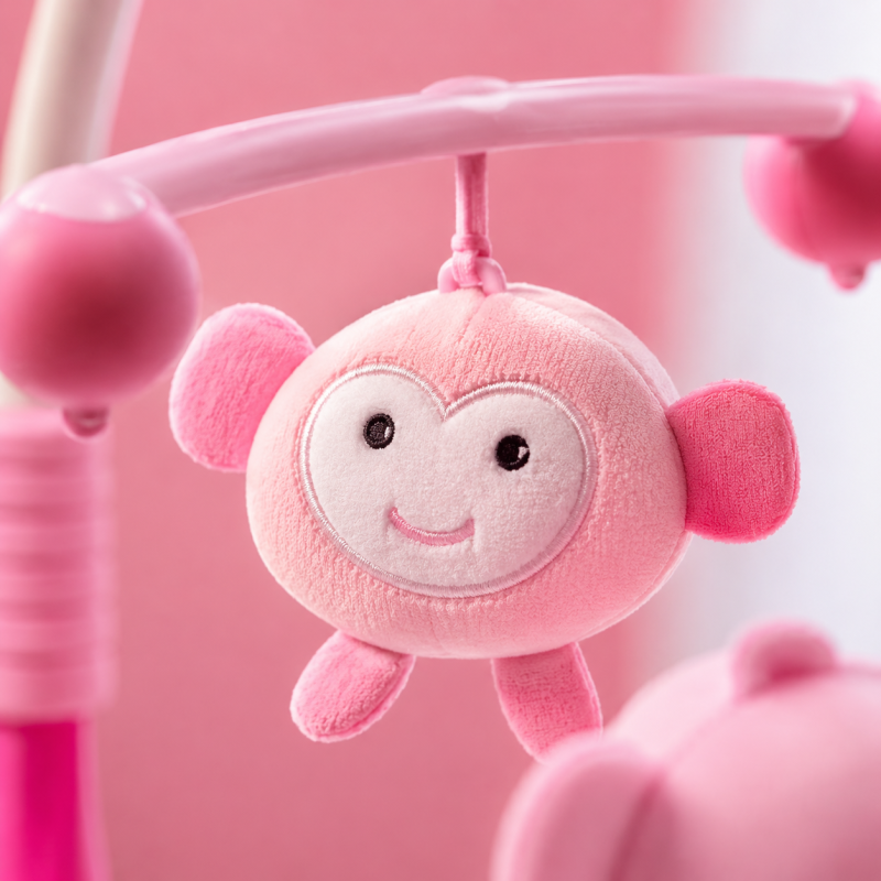 Close-up de móbile de berço rosa com textura suave e luz de projeção estrelada calmante