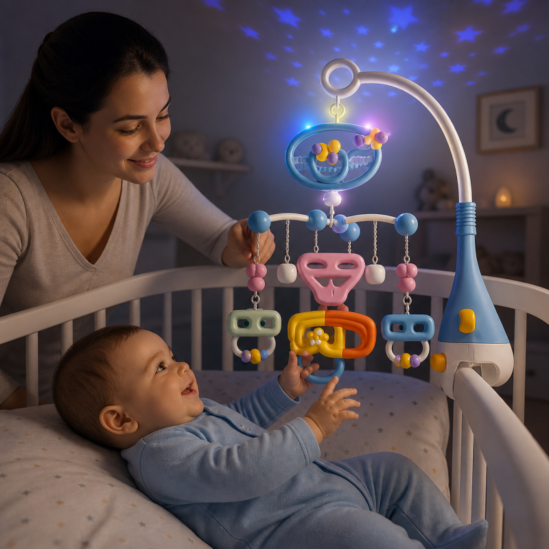 Móbile musical azul com luz, projeção estrelada e animais destacáveis, a acalmar o bebé no berço.