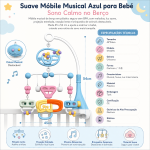 Infográfico do móbile musical azul para bebé: especificações, plástico sem BPA, melodias, luz, projeção estrelada, rotação, brinquedos destacáveis.