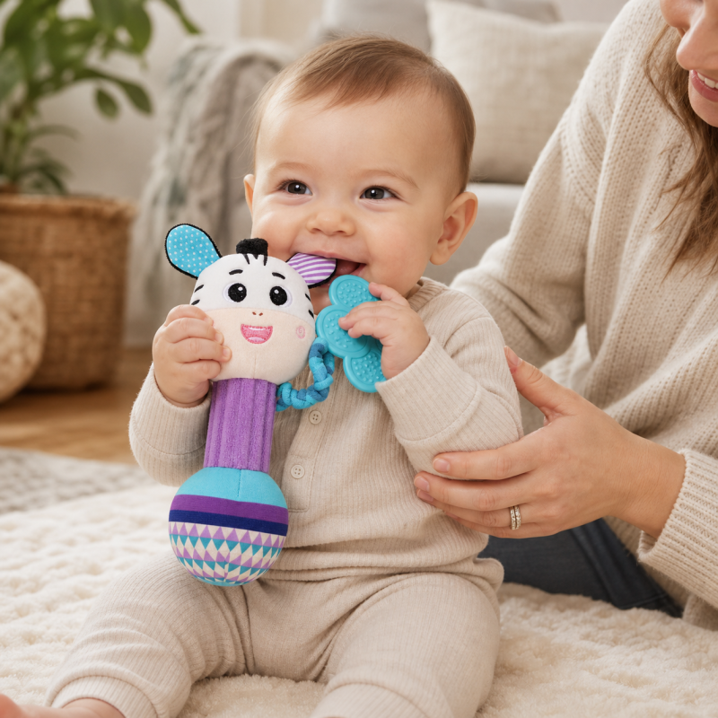 Bebé segura chocalho de peluche zebra com mordedor para estimulação sensorial