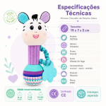 Infográfico de chocalho zebra em peluche com guizo, mordedor e 19 cm