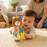 Chocalho de urso em peluche colorido num ambiente de quarto de bebé acolhedor.