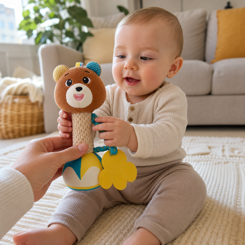 Bebé a segurar o chocalho de ursinho em peluche com mordedor para alívio das gengivas.