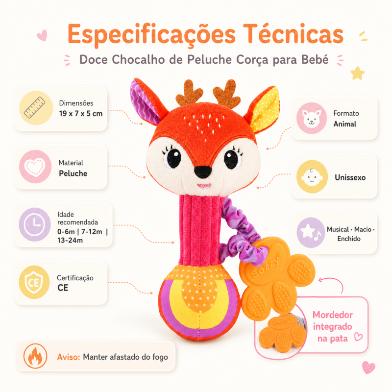 Chocalho corça de 19cm em bombazina com mordedor e som suave para estímulo sensorial do bebé.