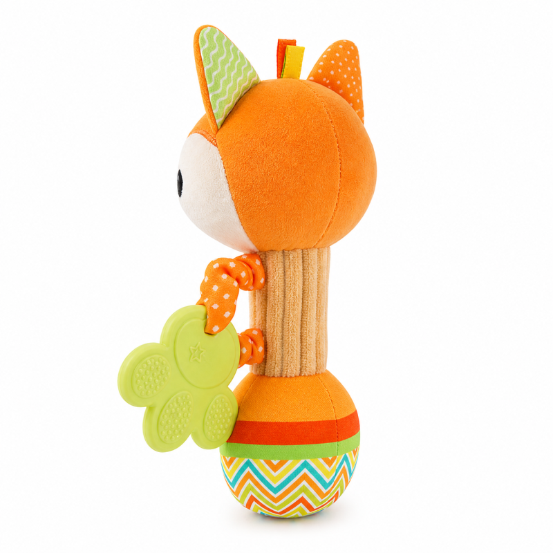 Chocalho de raposa em peluche macio para bebé, com som suave, em fundo branco.