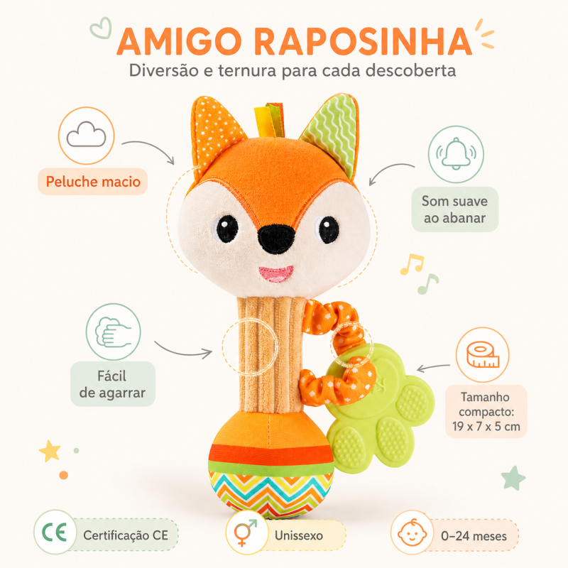 Chocalho raposa em peluche macio, fácil de agarrar, com som suave para bebé