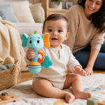 Chocalho elefante de peluche com mordedor e texturas vibrantes num quarto de bebé.