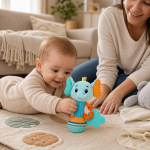 Bebé a segurar o chocalho elefante de peluche com texturas e mordedor para as gengivas.