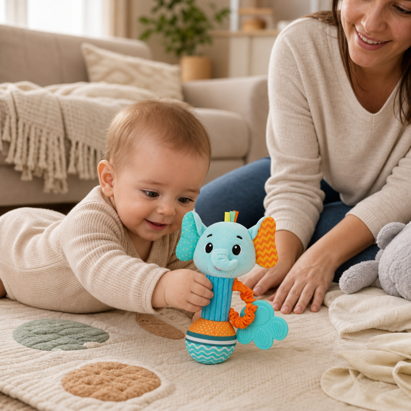 Bebé a segurar o chocalho elefante de peluche com texturas e mordedor para as gengivas.