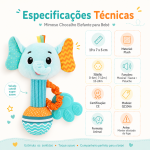 Chocalho elefante em peluche com mordedor lateral e texturas para estímulo do bebé. 19cm.