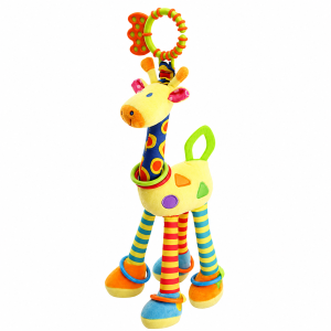 Peluche de girafa colorido para bebé com mordedor, chocalho e gancho para pendurar.