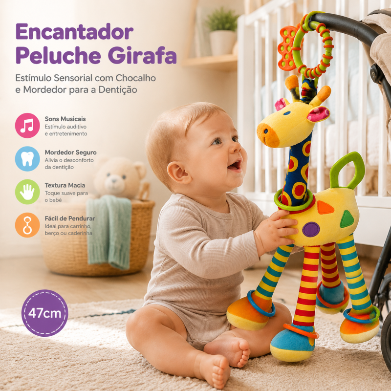 Girafa de peluche multissensorial com chocalho e mordedor num ambiente de quarto infantil.
