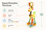 Infográfico do peluche girafa para bebé com mordedor, chocalho e gancho de suspensão.