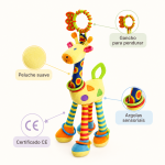 Girafa de peluche sensorial com mordedor, chocalho e gancho para o berço ou carrinho.