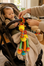 Bebé a brincar com peluche de girafa colorido com argolas e texturas no berço.