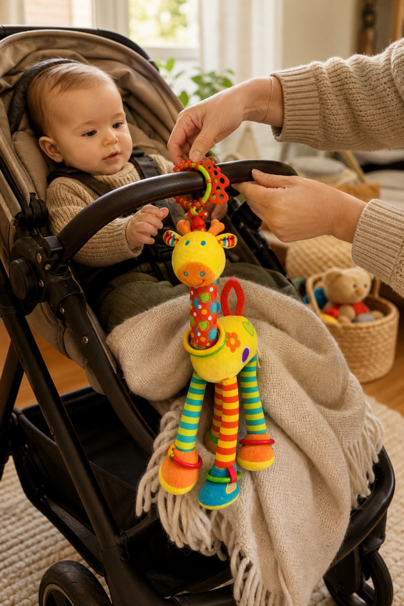 Bebé a brincar com peluche de girafa colorido com argolas e texturas no berço.