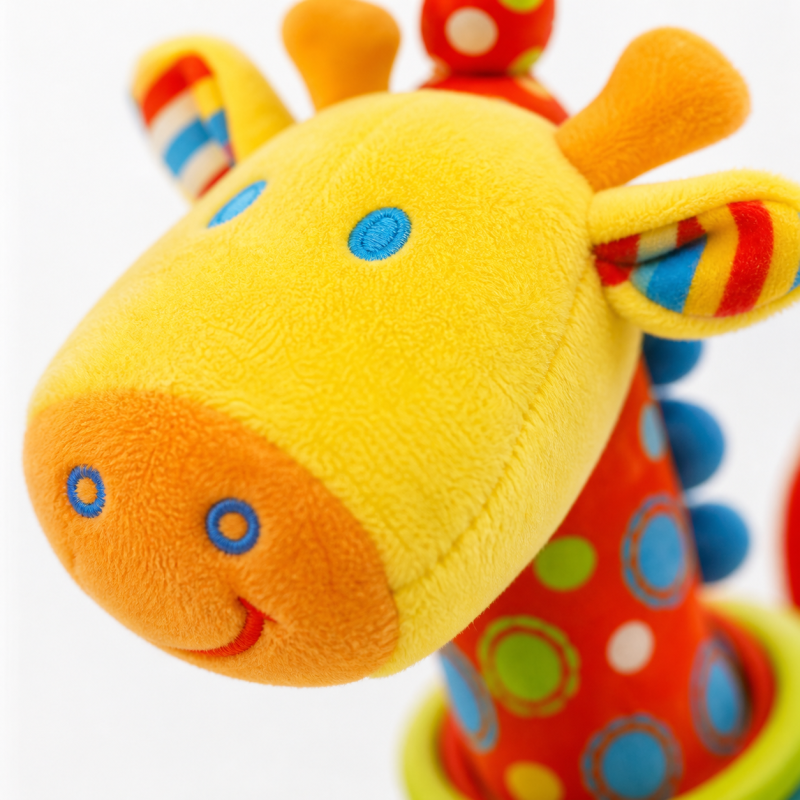 Grande plano do peluche de girafa realçando a textura suave e qualidade do tecido.