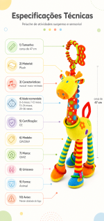 Infográfico do peluche girafa de 47cm com detalhes de texturas, argolas e som musical para bebés.
