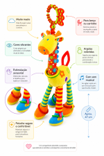 Girafa de peluche com 47cm, texturas e argolas para estímulo sensorial e companhia do bebé.