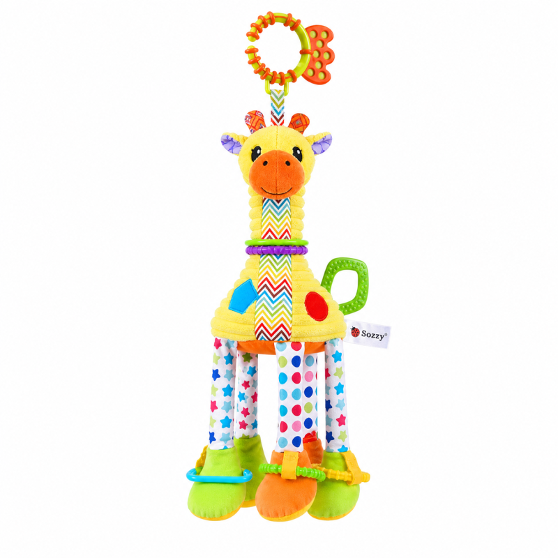 Peluche girafa multissensorial com padrões vibrantes e argola para carrinho.