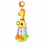 Girafa de peluche colorida com argola para pendurar e texturas sensoriais.
