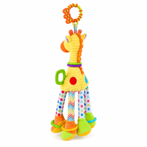 Girafa de peluche colorida com argola para pendurar e texturas sensoriais.