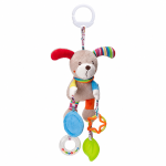 Peluche macio de atividades cãozinho para bebé com chocalho e texturas.