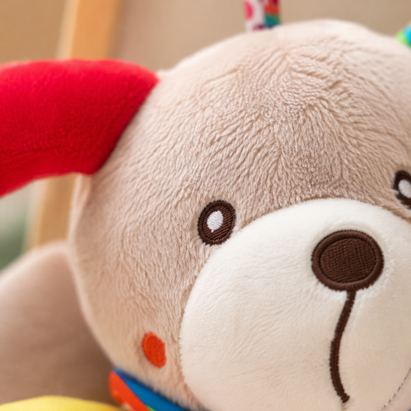 Pormenor da textura macia e detalhes do peluche de atividades em forma de cãozinho.