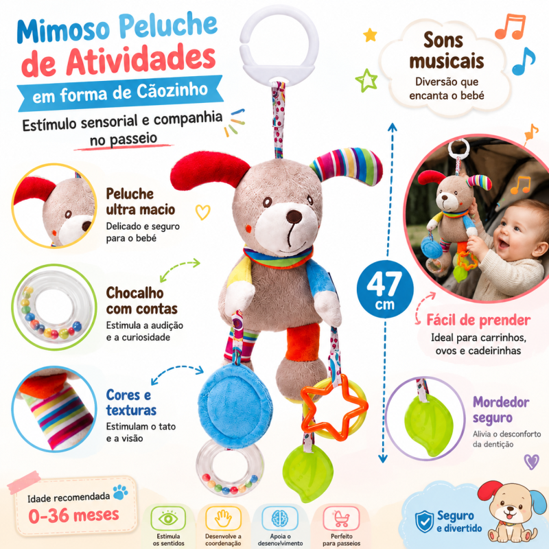 Peluche cãozinho de atividades macio com texturas e sons para pendurar no carrinho do bebé.