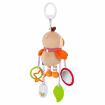 Peluche musical de pássaro colorido com espelho e mordedores para bebé em fundo branco.