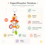 Peluche musical de pássaro com guizo, espelho e mordedores para entretenimento do bebé.