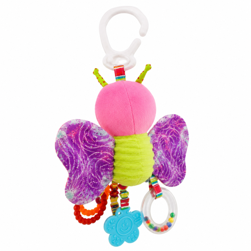 Pormenor de peluche borboleta para bebé com mordedor e espelho em fundo branco.