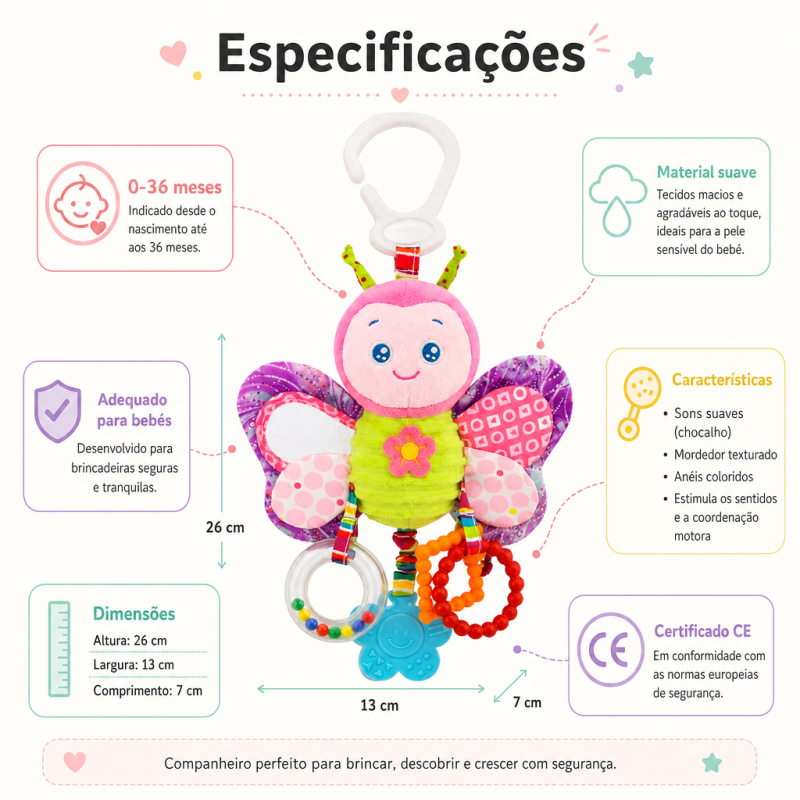 Peluche borboleta sensorial com espelho, chocalho e mordedor para pendurar no carrinho.