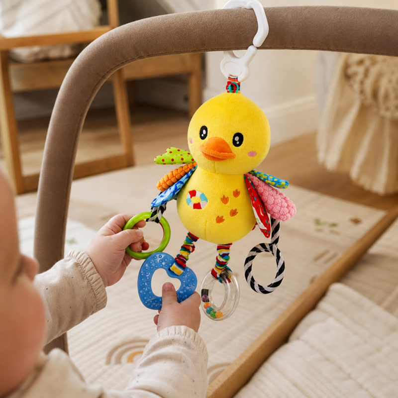 Bebé a brincar com o peluche passarinho de atividades pendurado no carrinho de passeio.