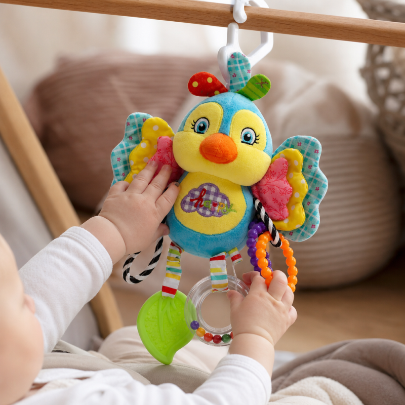Bebé a brincar com peluche sensorial colorido, com texturas e mordedor, preso no ovinho.