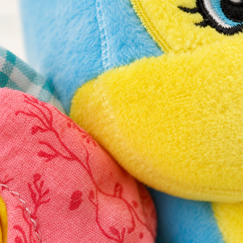 Pormenor das texturas e qualidade do tecido macio do peluche de atividades para bebé.