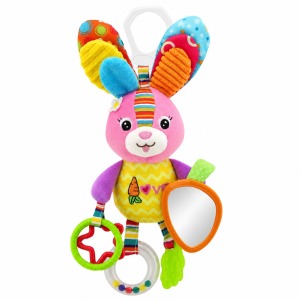 Peluche sensorial de coelhinho para bebé com espelho, chocalho e mordedor de cenoura.