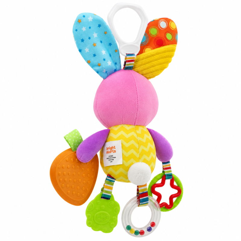 Peluche sensorial de coelhinho com espelho, texturas e mordedor de cenoura.