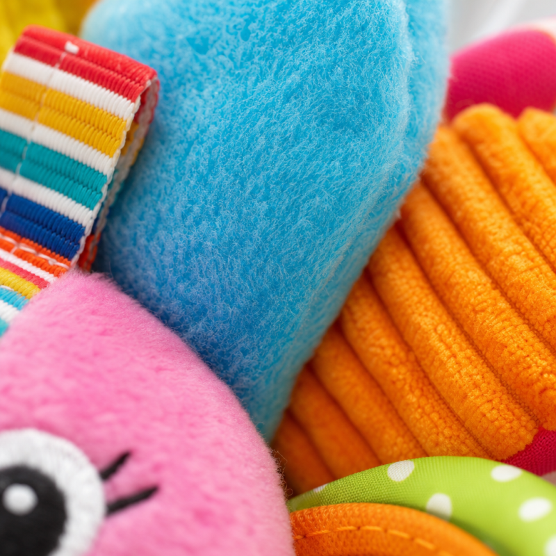 Pormenor das texturas suaves e do mordedor de cenoura do peluche de coelhinho.