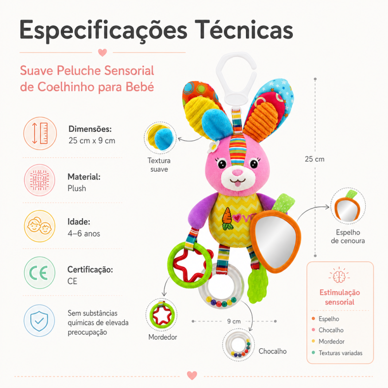 Peluche sensorial de coelhinho com espelho de cenoura e mordedor para bebé.