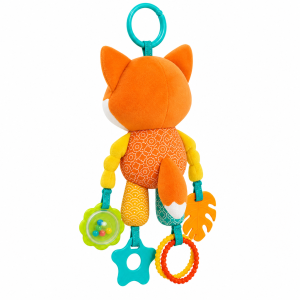 Peluche de raposa com mordedores e texturas sensoriais para bebé, em fundo branco.