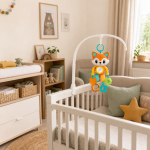 Peluche raposa de atividades com mordedores num quarto de bebé acolhedor.