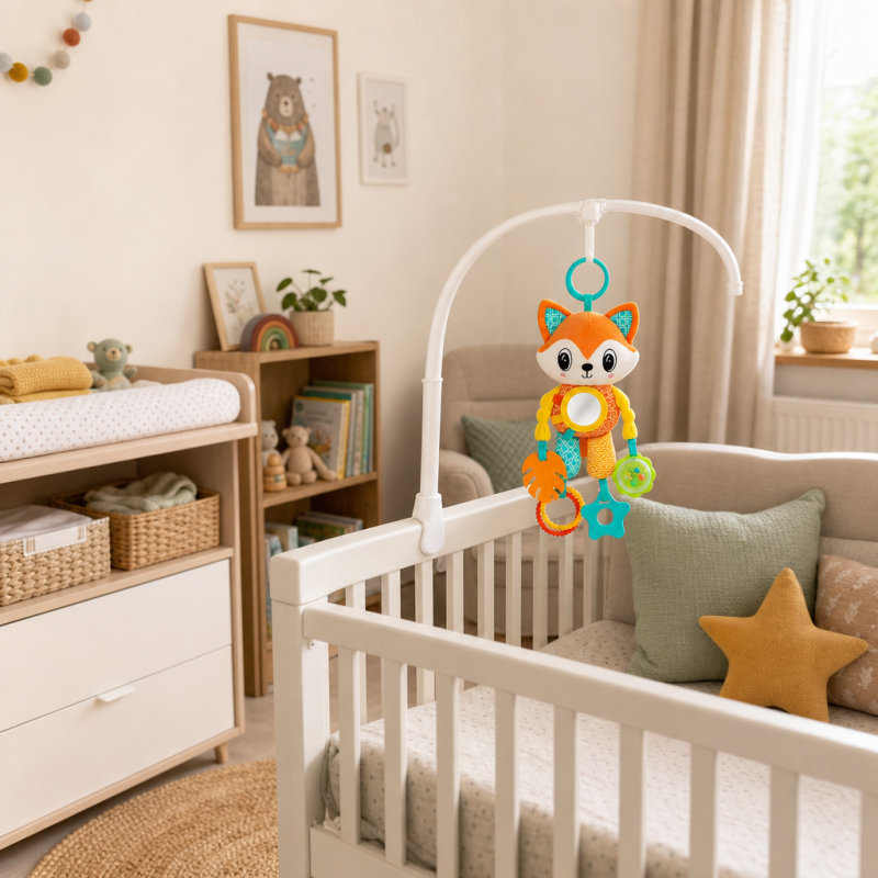 Peluche raposa de atividades com mordedores num quarto de bebé acolhedor.
