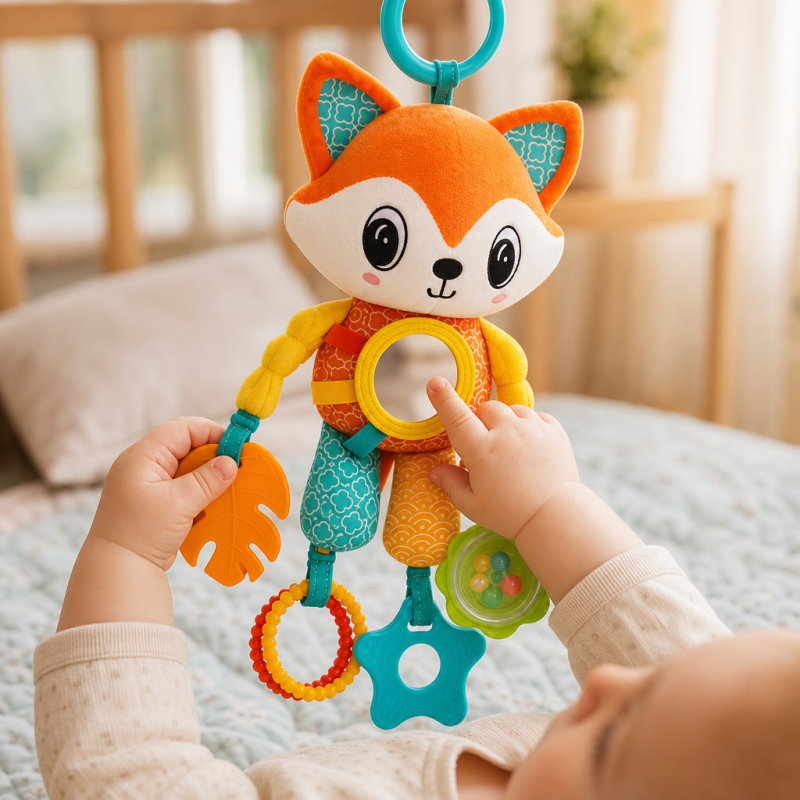 Bebé a brincar com o peluche raposa de atividades com mordedores e espelho.