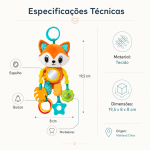Peluche raposa de atividades para bebé com mordedores, espelho e gancho prático.