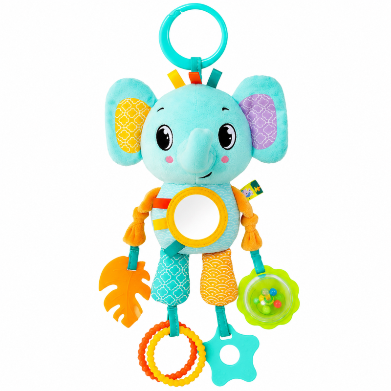 Elefante de peluche sensorial com mordedores e argola para pendurar no carrinho de bebé.